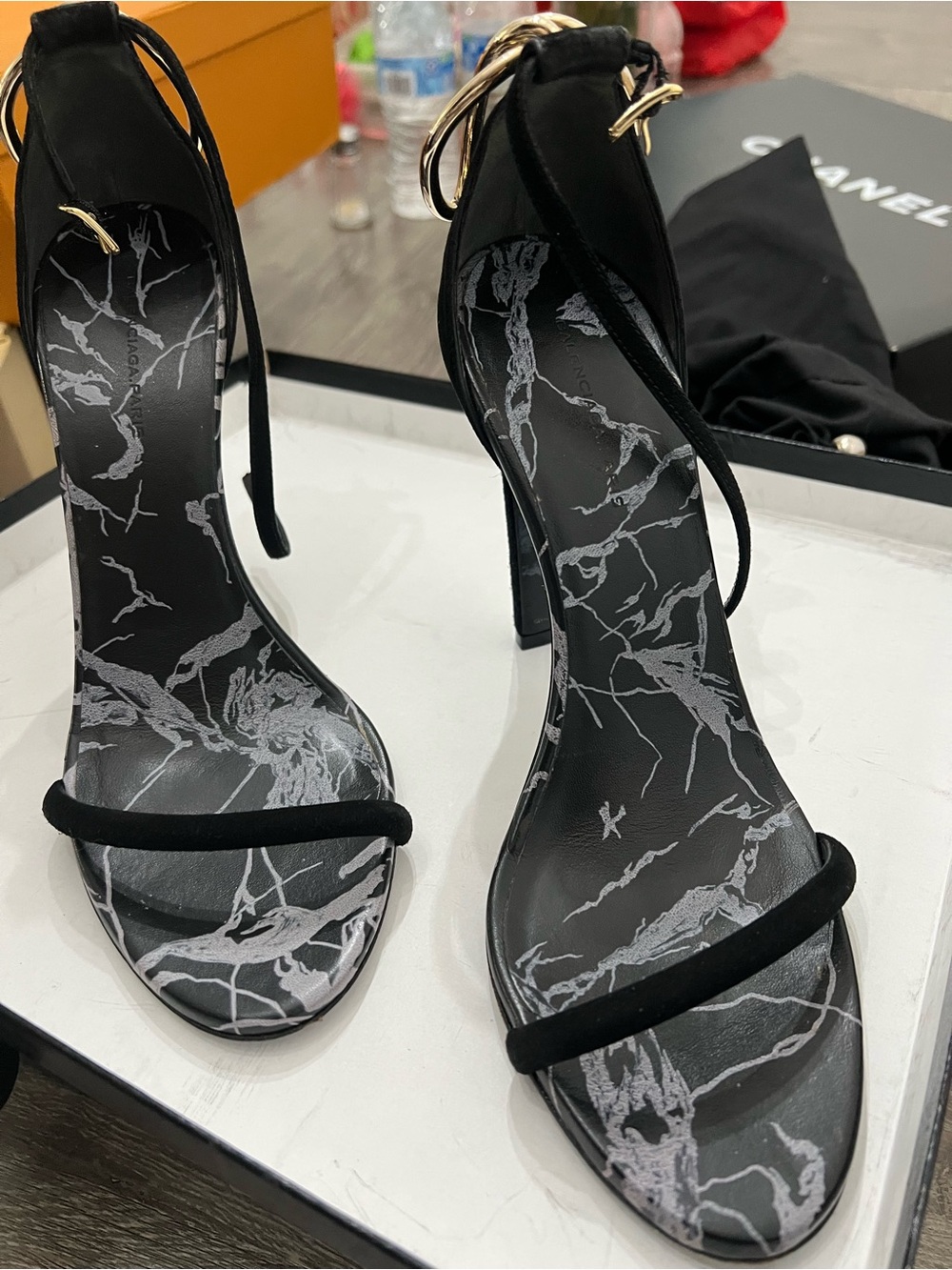 Balenciaga Black Marble-Print Strappy Heels
